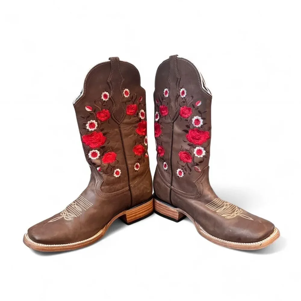 White Diamond Women’s Western Boots 7.5 Brown Leather Embroidered Square Toe